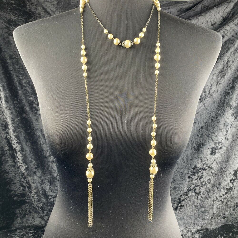 Vintage Flapper 20s Style Lariat Open 56 in Chain Faux Pearl Necklace Tassel - Picture 6 of 8